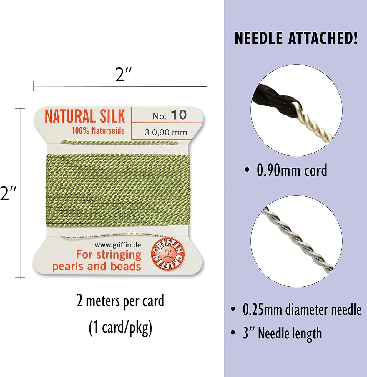 Griffin Silk Bead Cord Perlseide – Size 10 (0.90mm) – 2 Meters per Card – Stainless Steel Needle Attached – for Knotting Pearls, Gemstones, Crystals and Beads